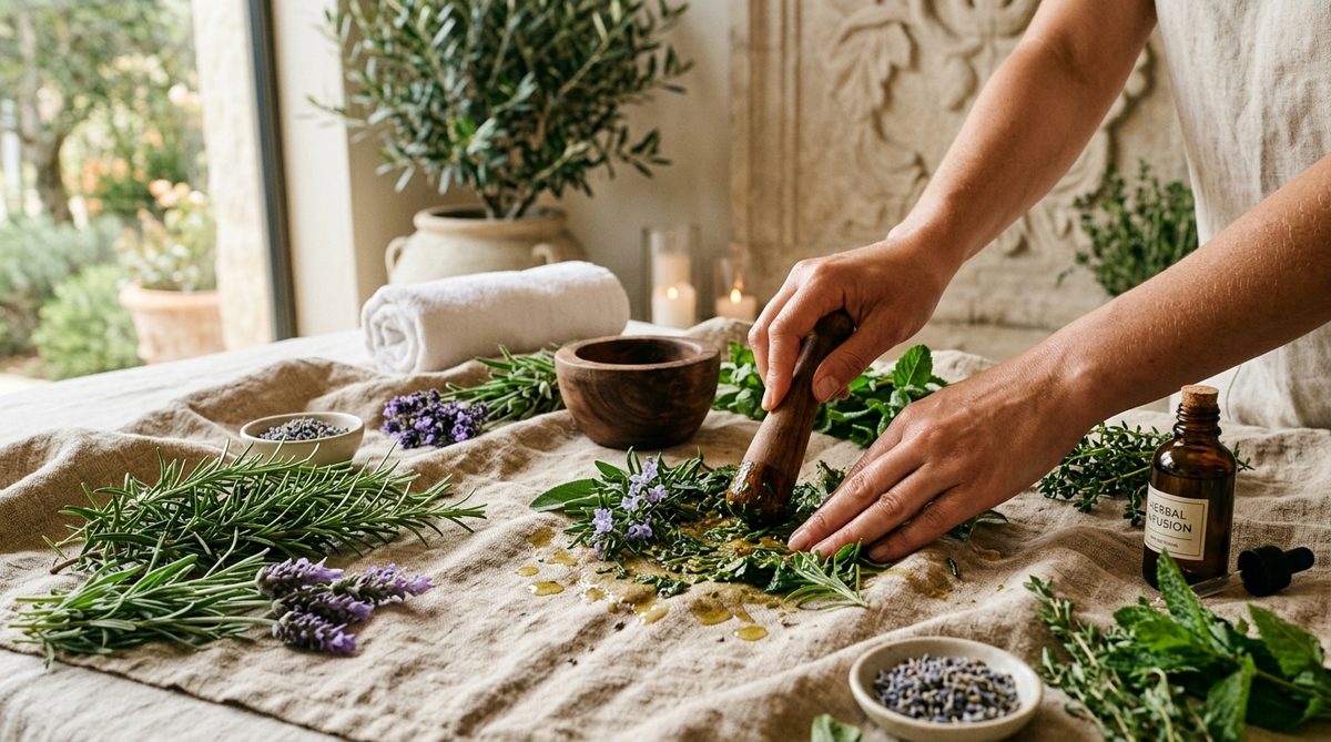 Botanical ingredients laid out on linen fabric